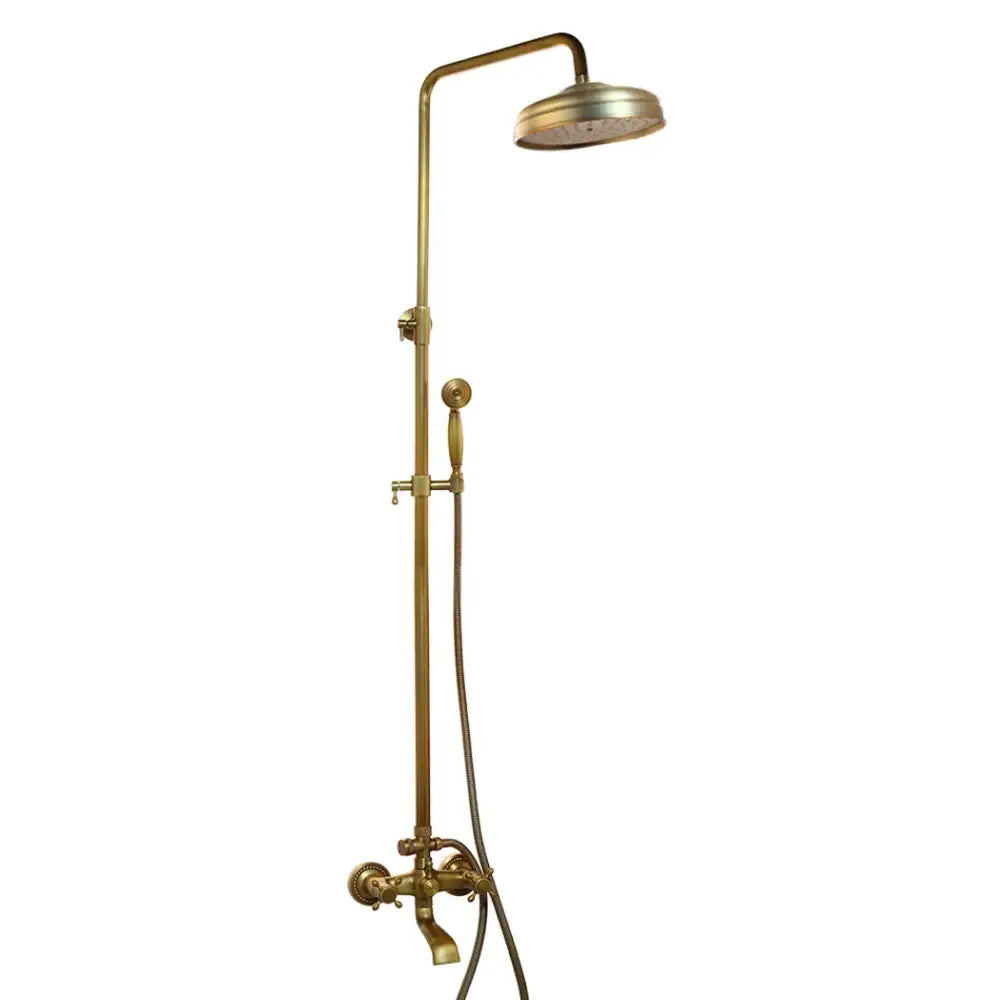 Decorbites antique brass rainfall shower faucet set with handshower and brass-finished curved arm and shelf