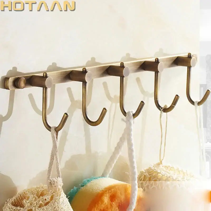 DecorBites antique brass robe hook rack with five hooks wall-mounted for stylish bathroom organization