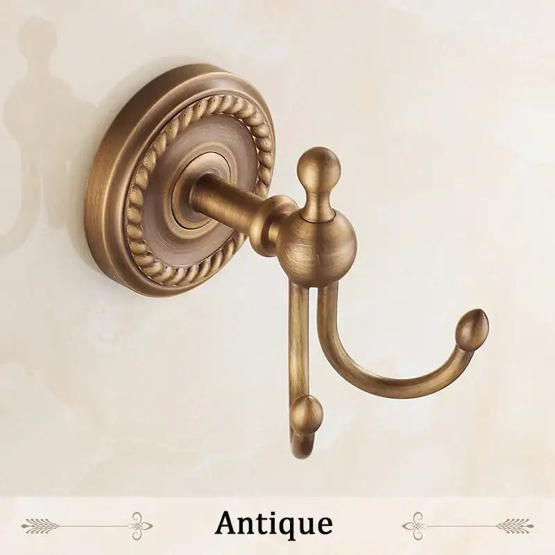 DecorBites antique brass robe hook with ornate rope pattern and polished double hooks for bathroom use