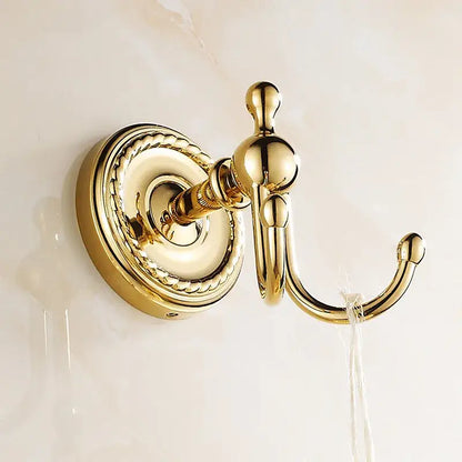 Decorbites™ antique brass robe hook double hook towel rack with polished brass finish and rope detailing