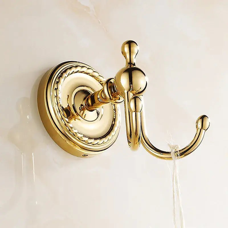 Decorbites™ antique brass robe hook double hook towel rack with polished brass finish and rope detailing