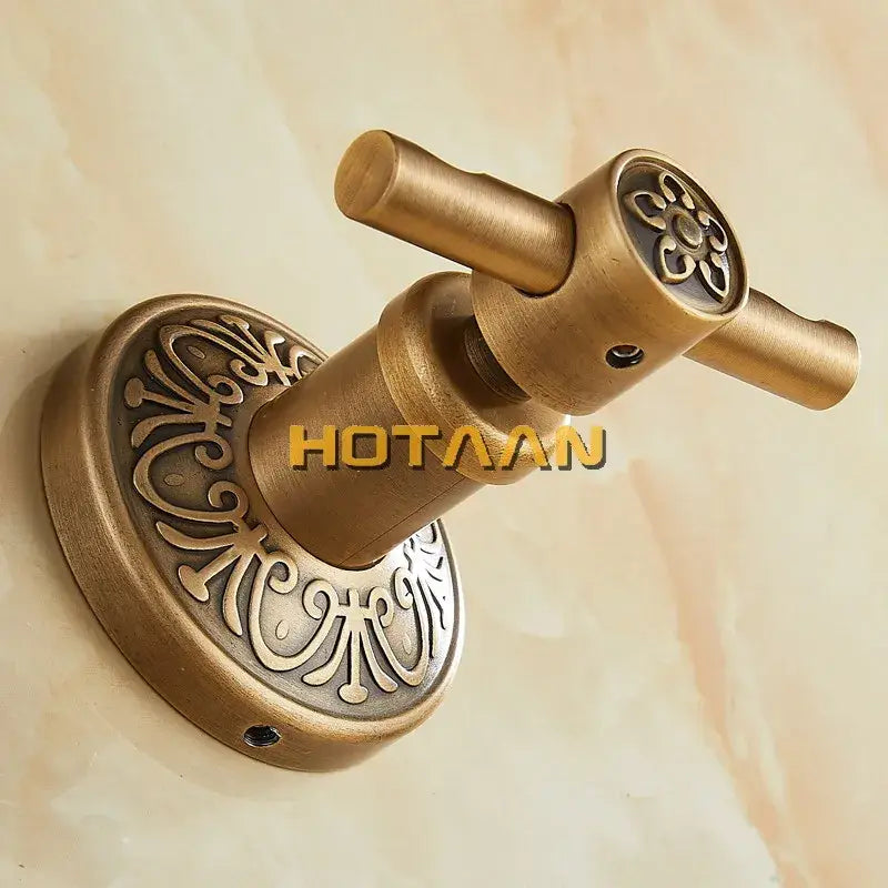 DecorBites antique brass robe hook with ornate scrollwork and floral handle design for wall-mounted bathroom use