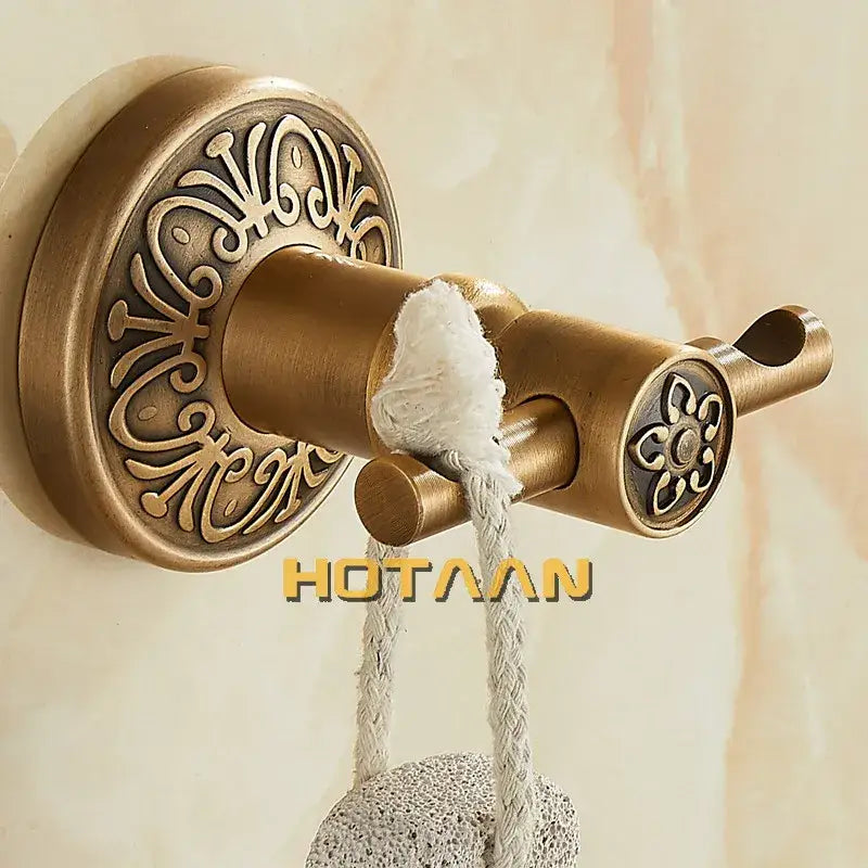 Decorbites antique brass robe hook with double hooks and ornate floral engraving for wall mounted bathroom use