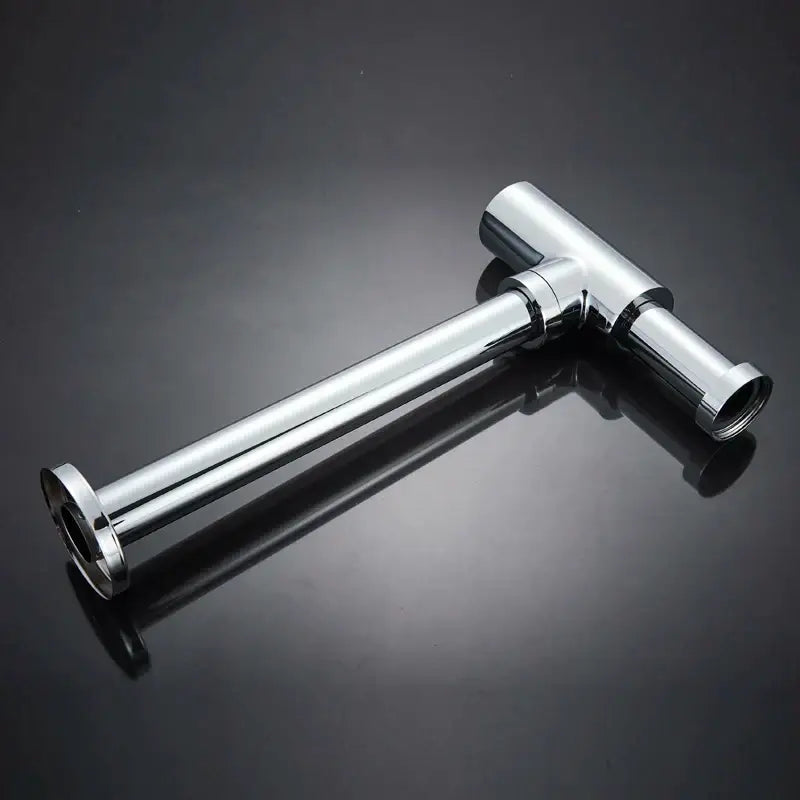 Chrome finished t-shaped plumbing pipe fitting with polished metallic surfaces and threaded ends for brass round siphon use