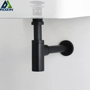 Decorbites™ antique brass brass round siphon p-trap with black matte finish and modern design for bathroom vanity
