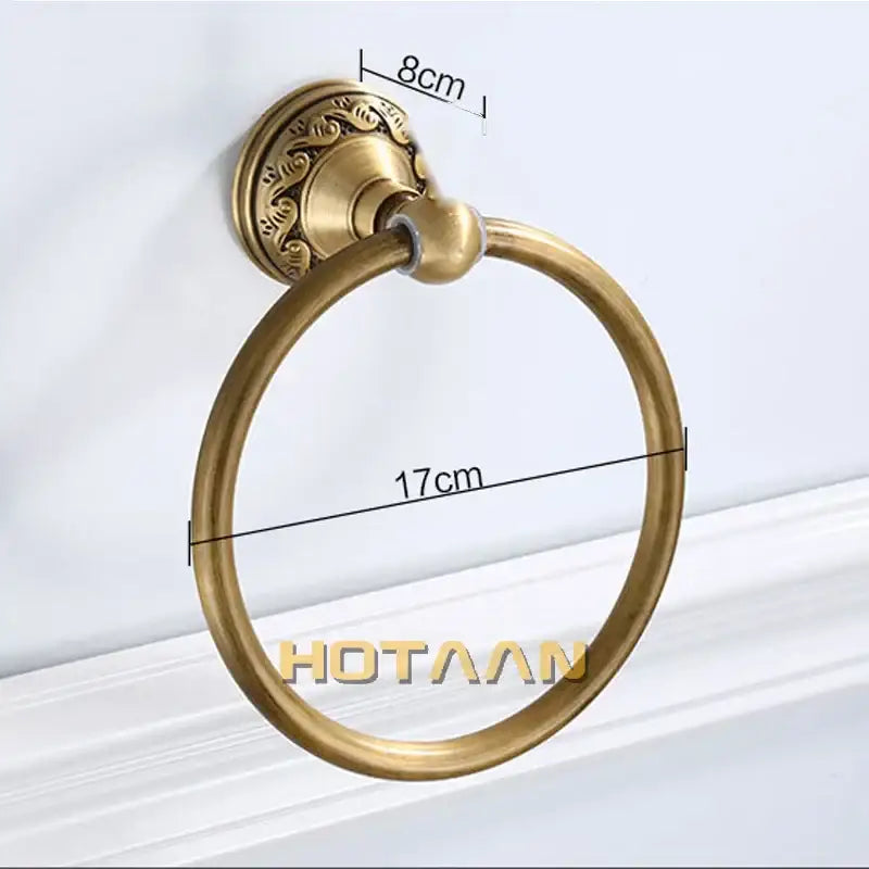 Decorbites antique brass round towel ring with ornate scrollwork mounting plate for elegant bathroom use