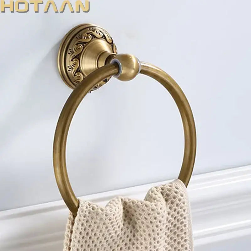 Decorbites antique brass round towel ring with ornate scrollwork wall mounted for elegant bathroom use
