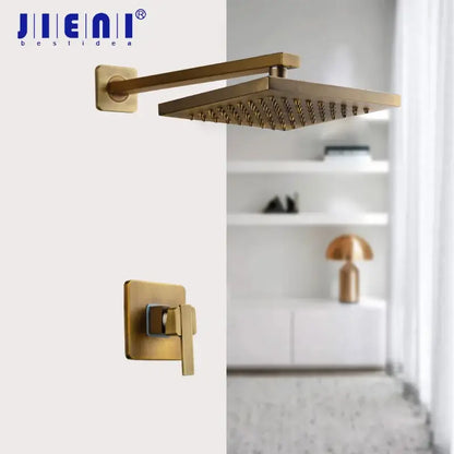 Brass-finished shower faucet set decorbites antique brass round wall mounted rainfall shower faucet with 2 handles