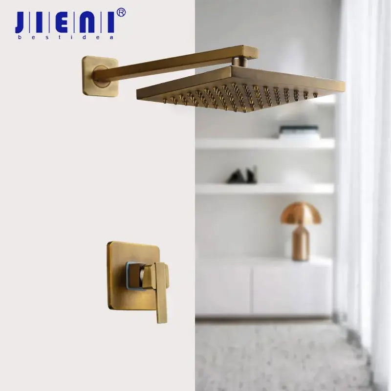 Brass-finished shower faucet set decorbites antique brass round wall mounted rainfall shower faucet with 2 handles