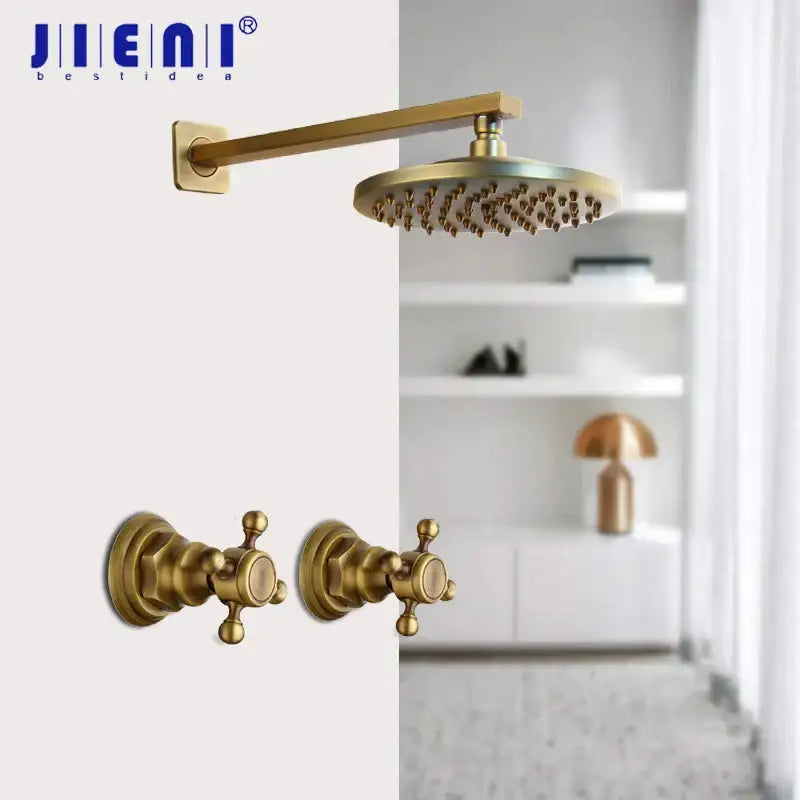 Decorbites™ antique brass round wall mounted rainfall shower faucet set with gold-finished brass shower faucet and cross-handle knobs