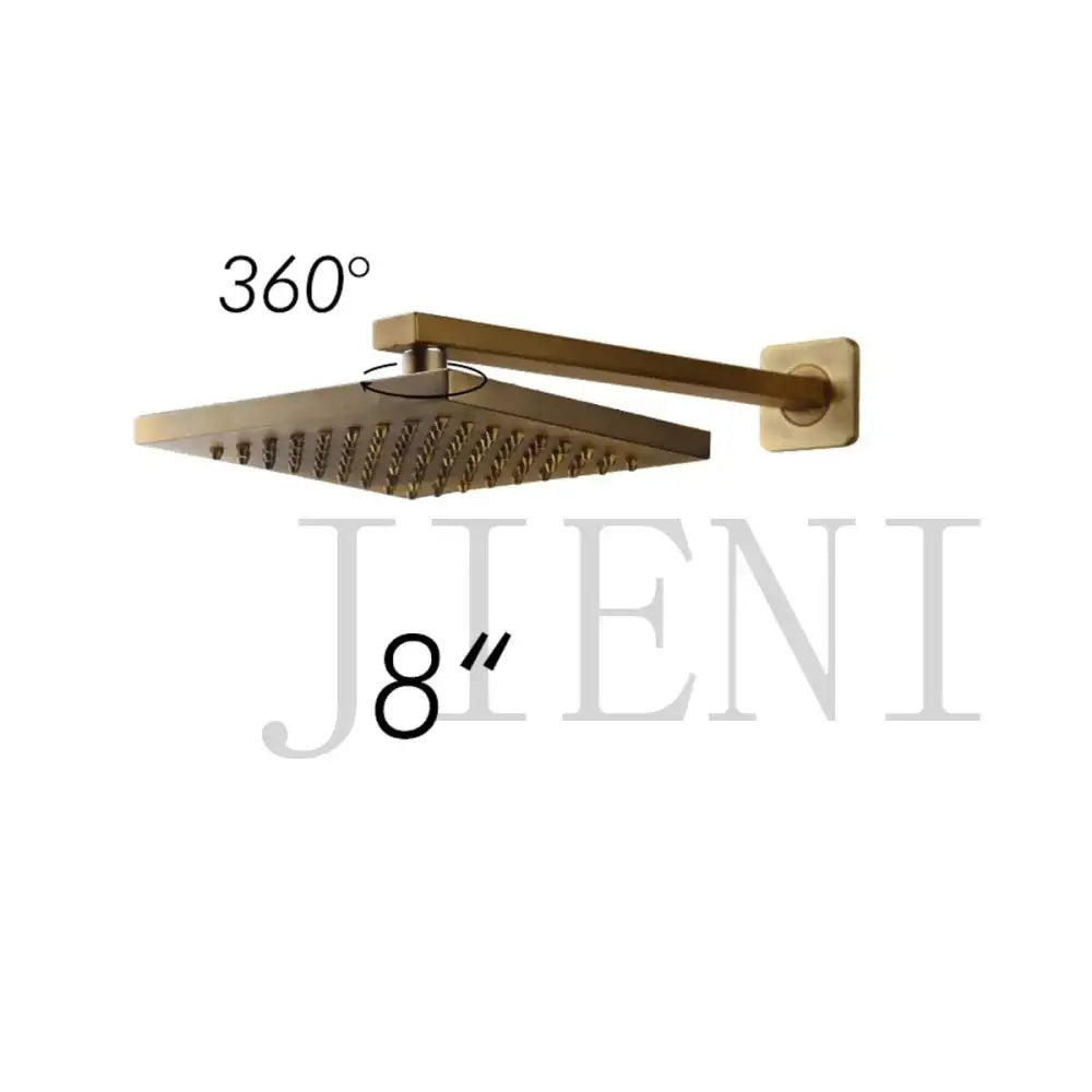 Gold-finished square showerhead with 360-degree rotation and 8-inch arm in decorbites antique brass shower faucet set