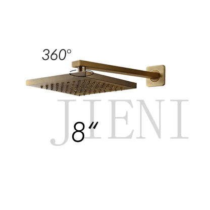 Gold-finished square showerhead with 360-degree rotation and 8-inch arm in decorbites antique brass shower faucet set