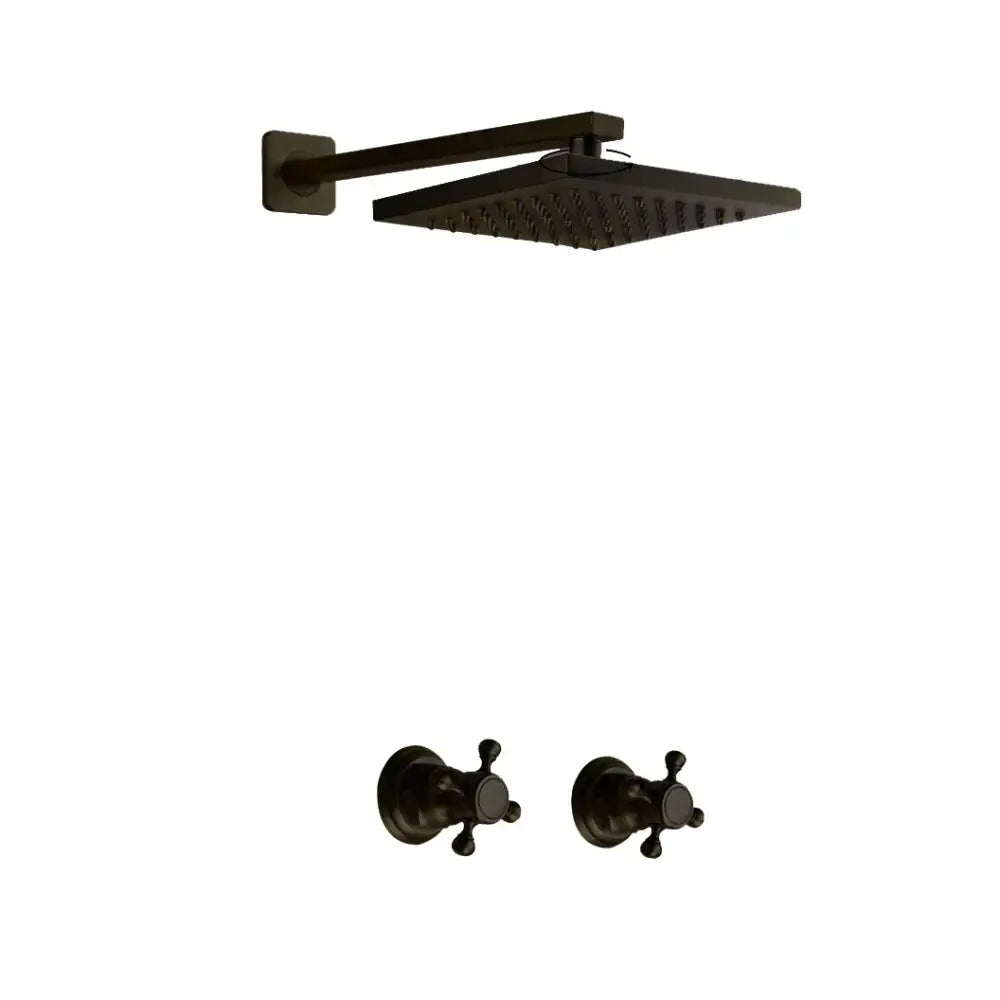 Decorbites antique brass shower faucet set with black matte square rain shower head and matching wall-mounted fixtures