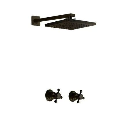 Decorbites antique brass shower faucet set with black matte square rain shower head and matching wall-mounted fixtures