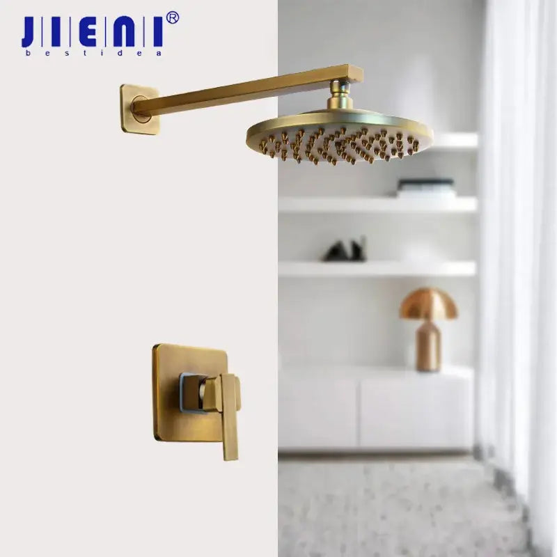 Decorbites antique brass shower faucet set with gold-finished jienai rainfall shower head and matching control valve