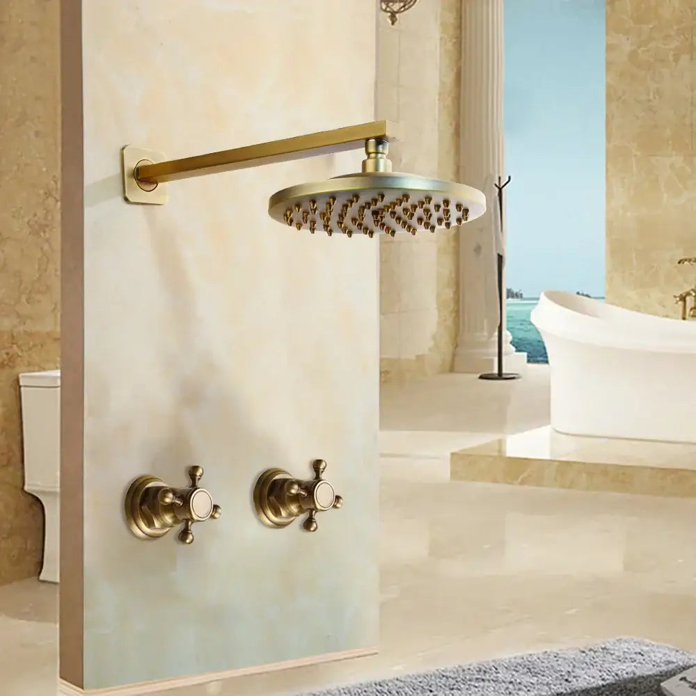 DecorBites™ antique brass round shower faucet set with multiple nozzles and matching wall bracket in brass finish