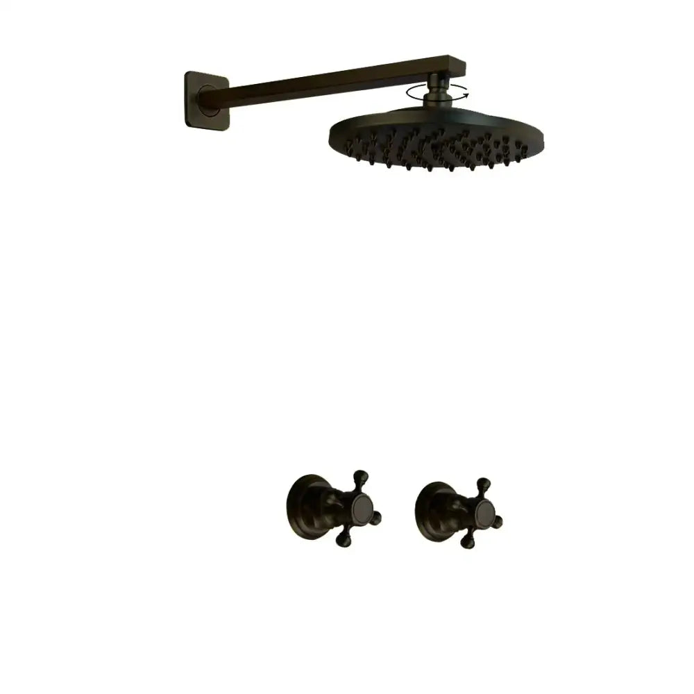 Black matte shower faucet set with round rainhead and two wall-mounted cross-handle valves by DecorBites antique brass