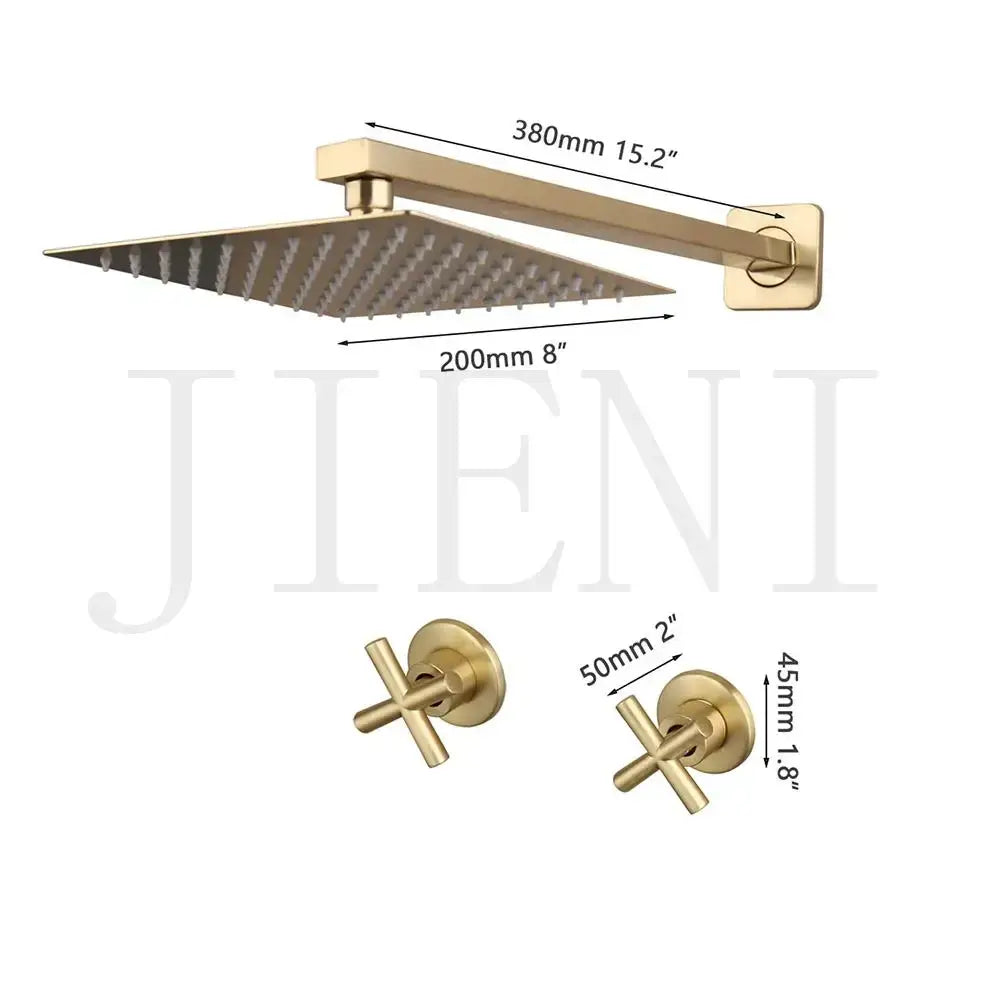 DecorBites™ antique brass shower faucet set with gold-finished square showerhead and cross-shaped wall controls