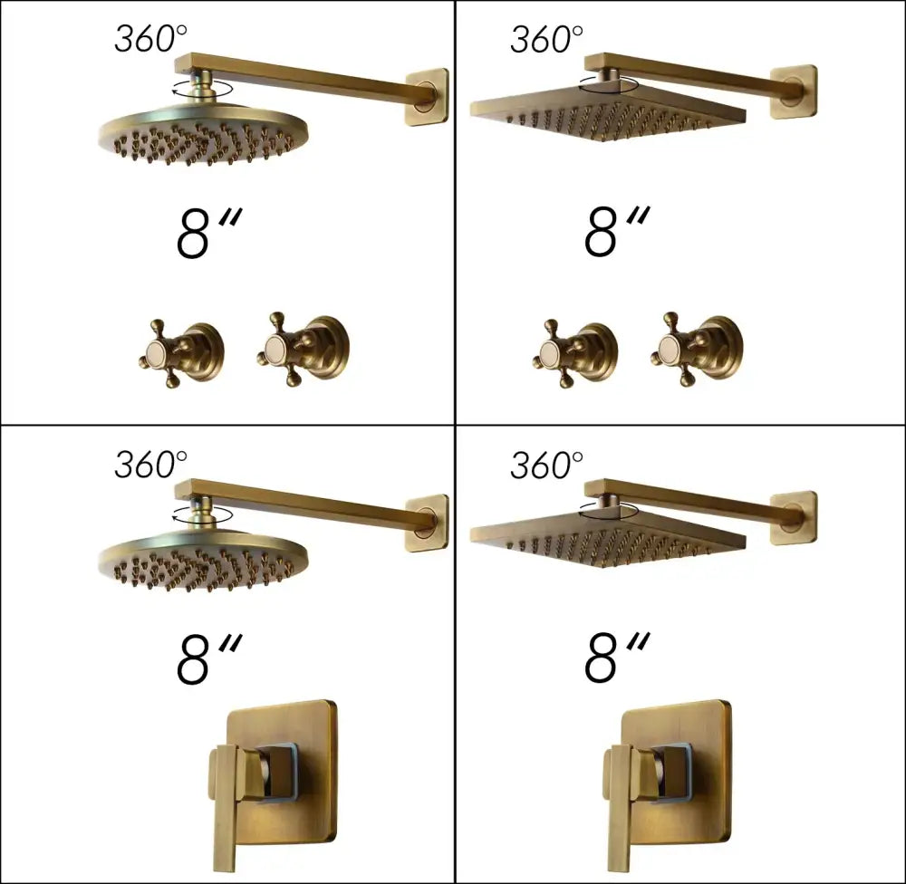 Decorbites™ antique brass round wall mounted rainfall shower faucet set with rotating arm and two matching handles