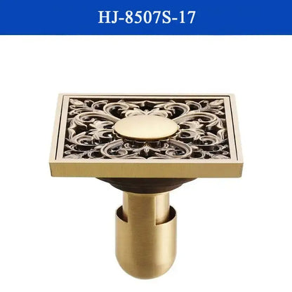 Decorbites™ antique brass shower drain cover with brass rectangular design and ornate floral cutout for bathroom use