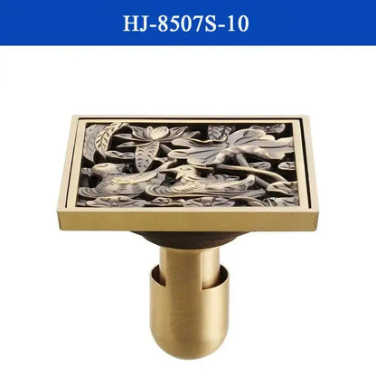 Decorbites antique brass shower drain cover with intricate embossed birds and lotus leaves design in brass shower drain