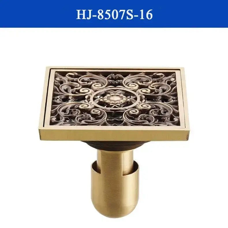 DecorBites antique brass shower drain cover with brass finish and intricate floral scrollwork design for bathroom use