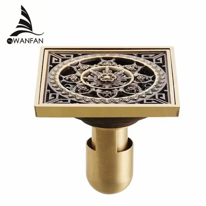 Decorbites™ antique brass shower drain cover with intricate floral and geometric embossing in brass shower drain design