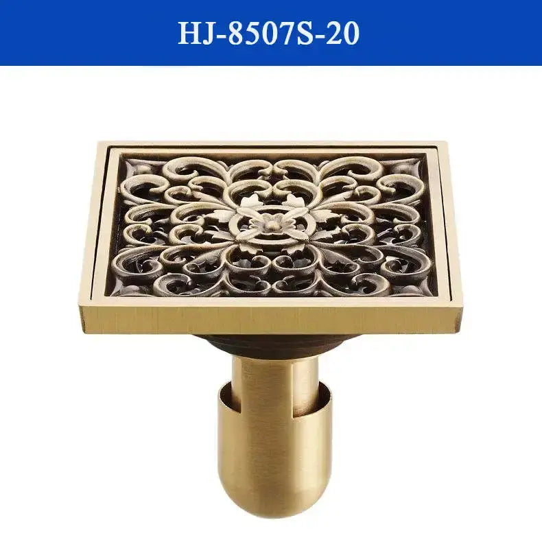 DecorBites antique brass shower drain cover with brass finish and ornate scrollwork floral design for bathroom use