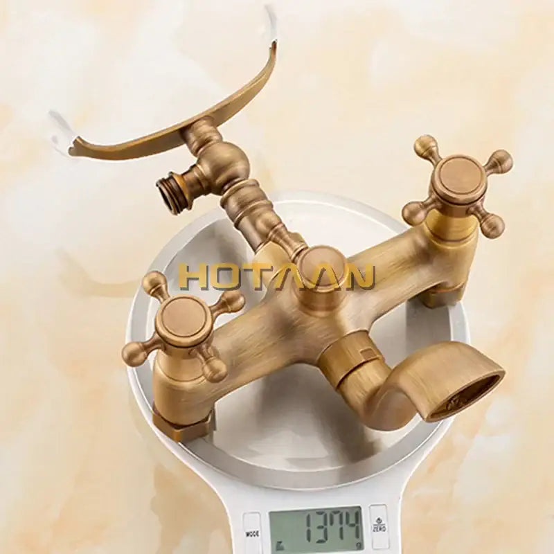 DecorBites™ antique brass shower faucet kit with three-handle faucet kit and wall mounted hand held shower head