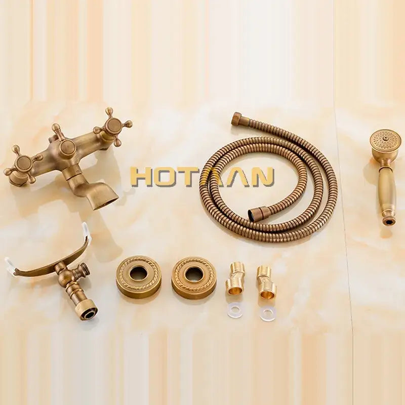 DecorBites antique brass shower faucet kit with ornate cross handles and wall-mounted hand held showerhead