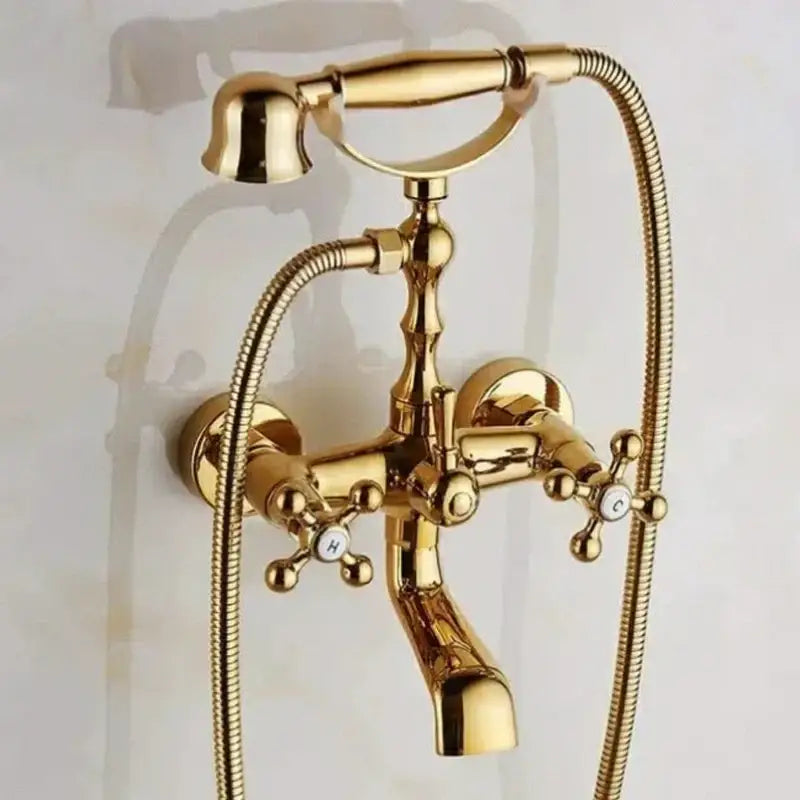 DecorBites antique brass shower faucet kit with gold-finished vintage faucet, handheld showerhead, and cross-handle knobs