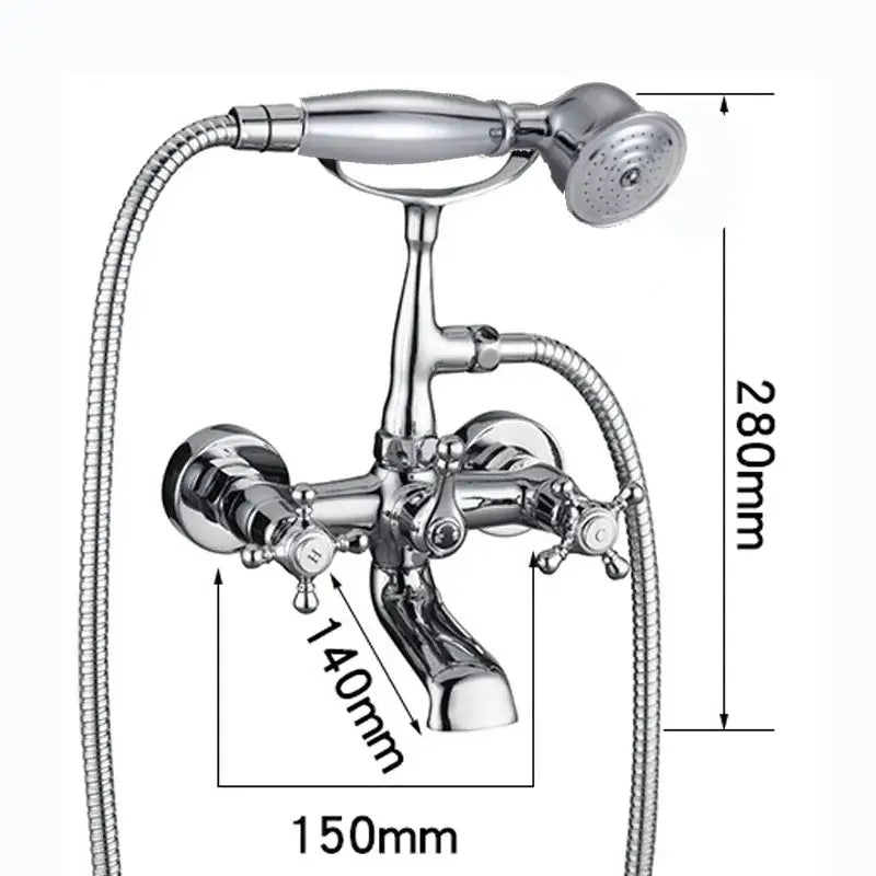 Chrome-finished vintage-style shower faucet kit with handheld showerhead and two cross-handle controls by DecorBites