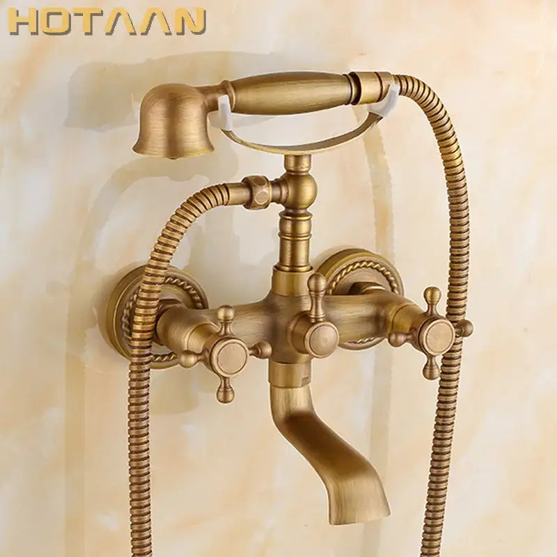 DecorBites antique brass shower faucet kit with wall mounted bathtub faucet and handheld showerhead with three knobs
