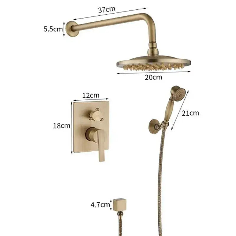 Decorbites antique brass shower faucet set with 20cm round rainhead handheld spray and wall-mounted controls