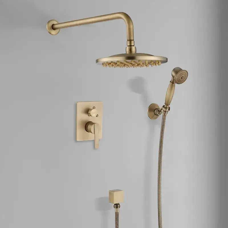DecorBites™ antique brass shower faucet set with 10 inch round rainhead handheld sprayer and wall control valve