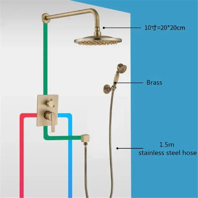 Brass shower faucet set decorbites™ antique brass with 20x20cm rainhead and handheld sprayer on stainless steel hose