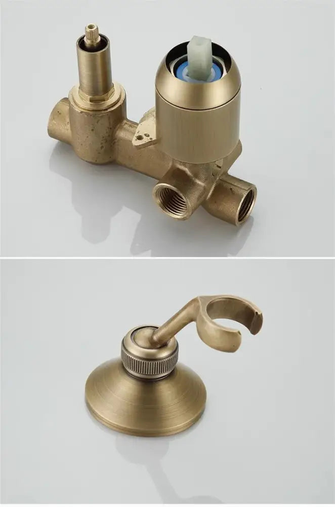 Brass-finished shower faucet set with valve and vintage wall-mounted towel rack in decorbites antique brass design