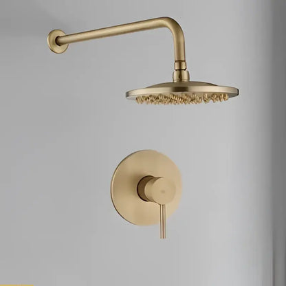 Brass-finished DecorBites™ shower faucet set with 10 inch round head and matching control valve in antique brass finish