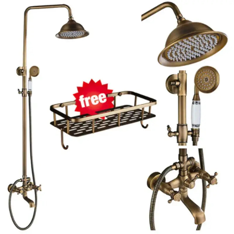 Brass-finished decorbites antique brass shower faucet set with 8 inch rainfall head and swivel spray handheld shower faucet