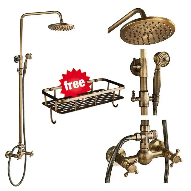 Brass-finished vintage-style DecorBites shower faucet set with 8 inch rainfall head and swivel spray nozzle