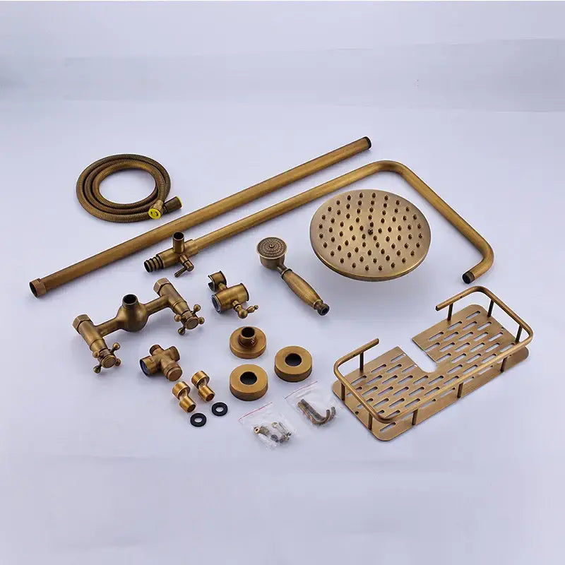 Decorbites antique brass shower faucet set with 8 inch rainfall head handheld sprayer and metal rack in brass finish