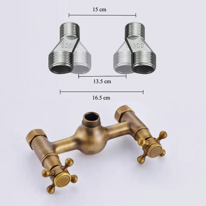 Brass-colored vintage-style shower faucet set with cross handles and stainless steel pipe fittings by decorbites