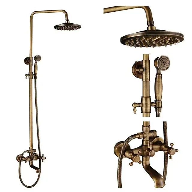Antique brass shower faucet set with 8 inch rainfall head handheld sprayer and wall-mounted control valves by decorbites