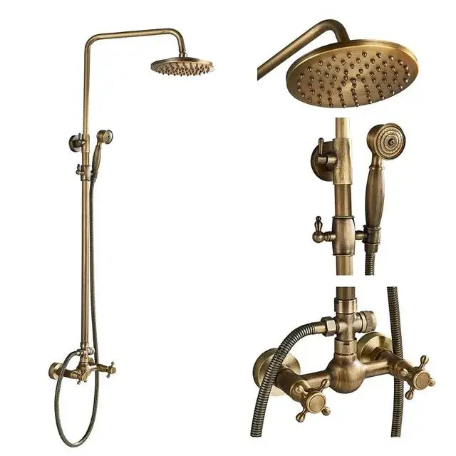 DecorBites antique brass shower faucet set with 8 inch rainfall head, handheld spray nozzle, and wall-mounted faucet assembly