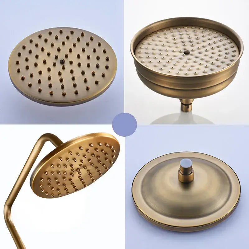 DecorBites™ antique brass shower faucet set with 8 inch rainfall head and circular nozzles for even water distribution