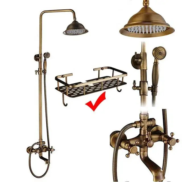 DecorBites antique brass shower faucet set with dome-shaped 8 inch rainfall head and multiple spray nozzles