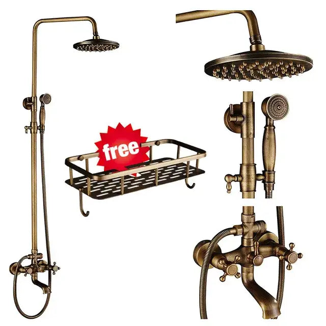 DecorBites antique brass shower faucet set with 8 inch rainfall head and handheld sprayer in vintage style