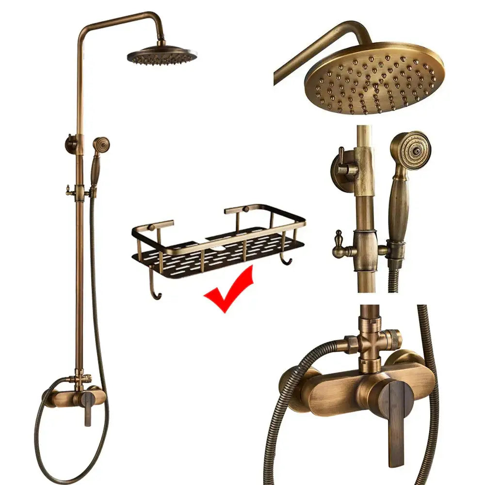 Brass-finished decorbites antique brass shower faucet set with 8 inch rainfall head and swivel handheld spray nozzle
