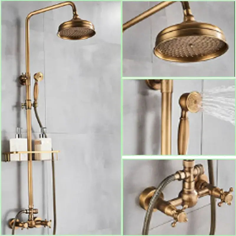 Decorbites™ antique brass shower faucet set with 8 inch rainfall head and swivel handheld sprayer in brass finish