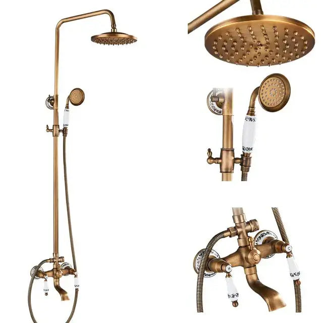 DecorBites antique brass shower faucet set with 8 inch rainfall head swivel spray and white ceramic handles